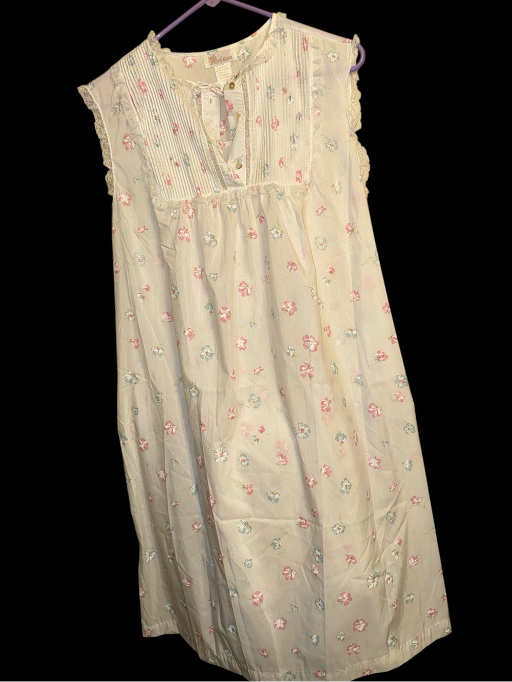 Cream Floral Sleeveless Nightgown with Pintuck Yoke
